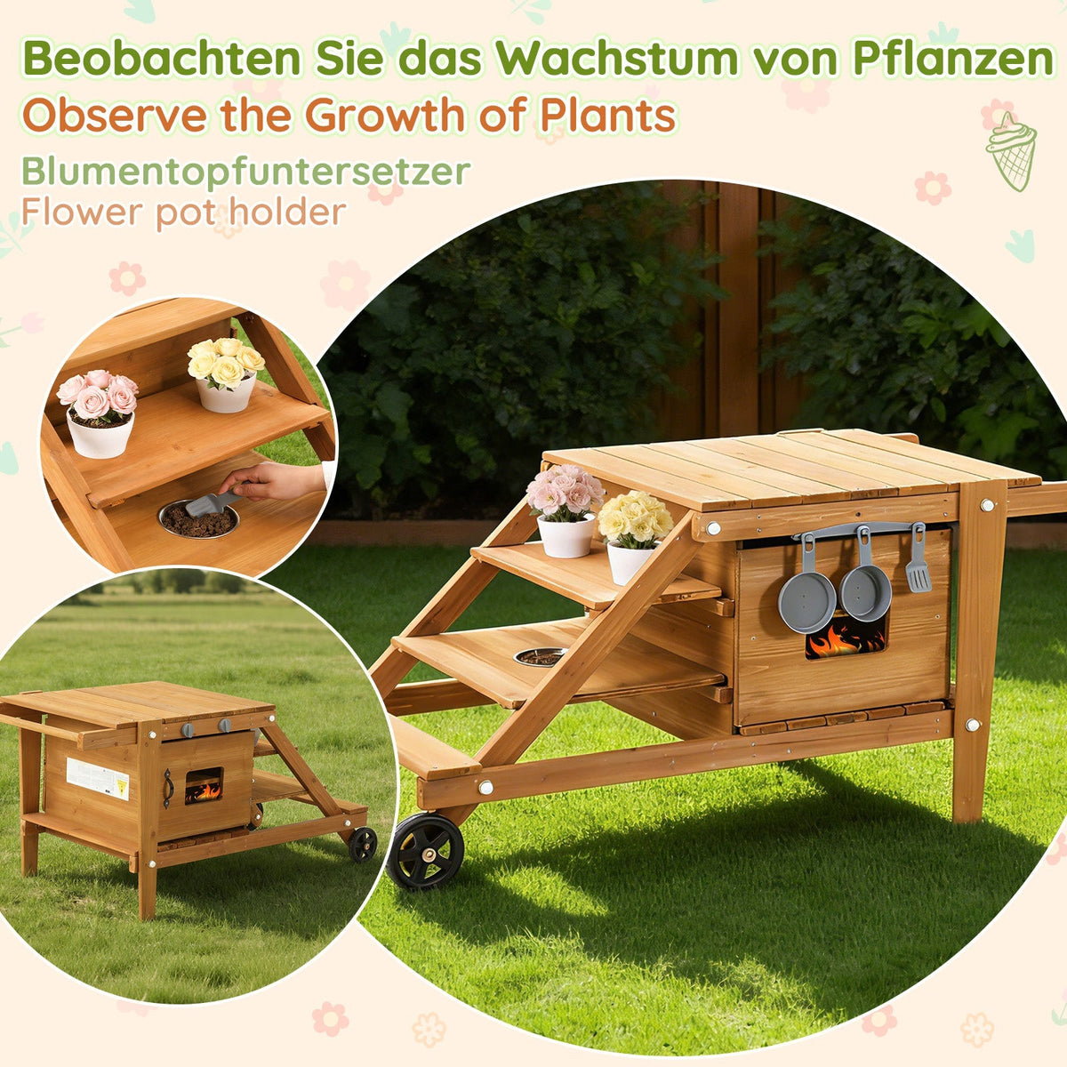 Outdoor Mud Kitchen with Wheels and Accessories, Wooden Garden Play Set, Natural Wood