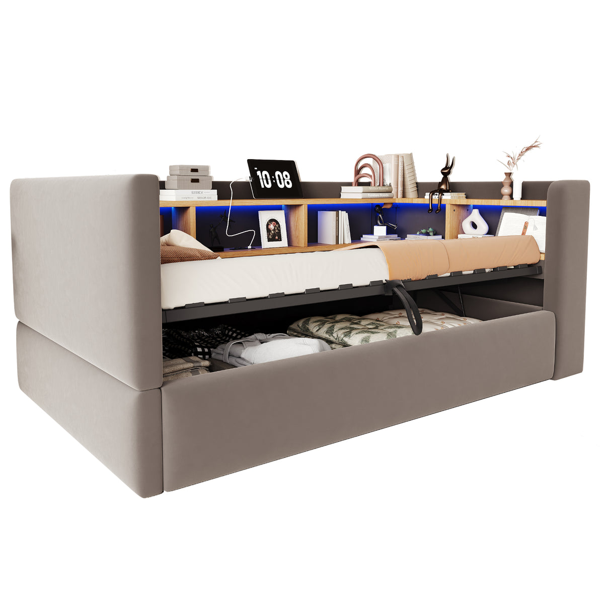 Hydraulic Sleeper Sofa Bed 90x190cm with LED & Storage, Dark Grey