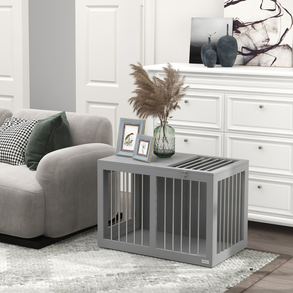 Dog Cage, 2 Doors, Lockable, Steel Mesh, Grey