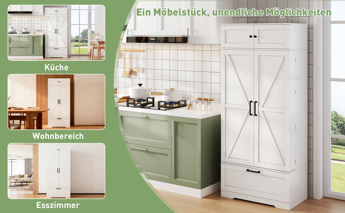 Kitchen Storage Cabinet 80x40x180cm Freestanding with Wine Rack & Adjustable Shelves, Industrial Style