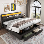 Upholstered Double Bed 180x200cm Hydraulic Storage LED Drawers - Linen Grey