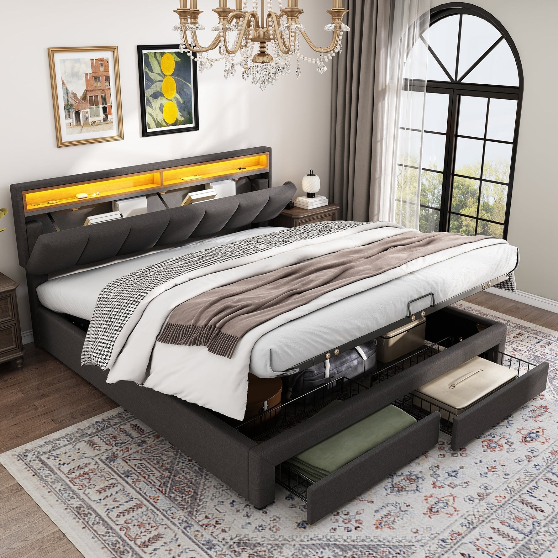 Upholstered Double Bed 180x200cm Hydraulic Storage LED Drawers - Linen Grey