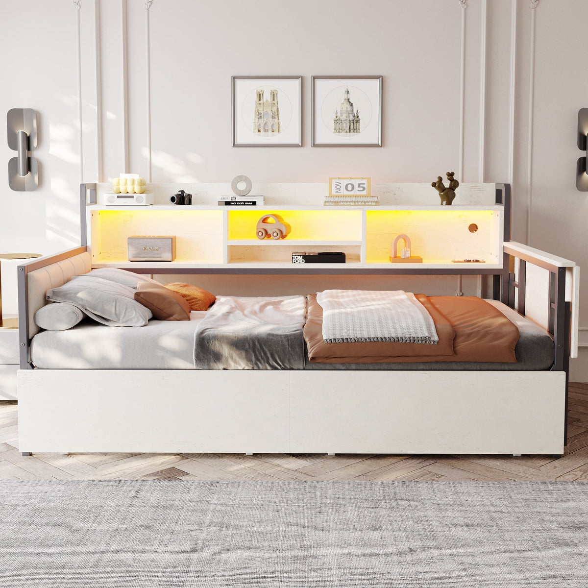 Iron Sofa Bed 90x200cm LED Storage Drawers Fold-Out Desk White