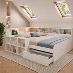 Wooden Double Bed 140x190cm with Storage & USB, White