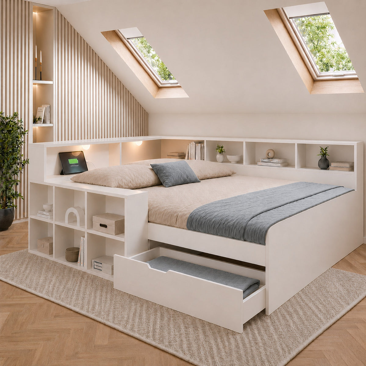 Wooden Double Bed 140x190cm with Storage & USB, White