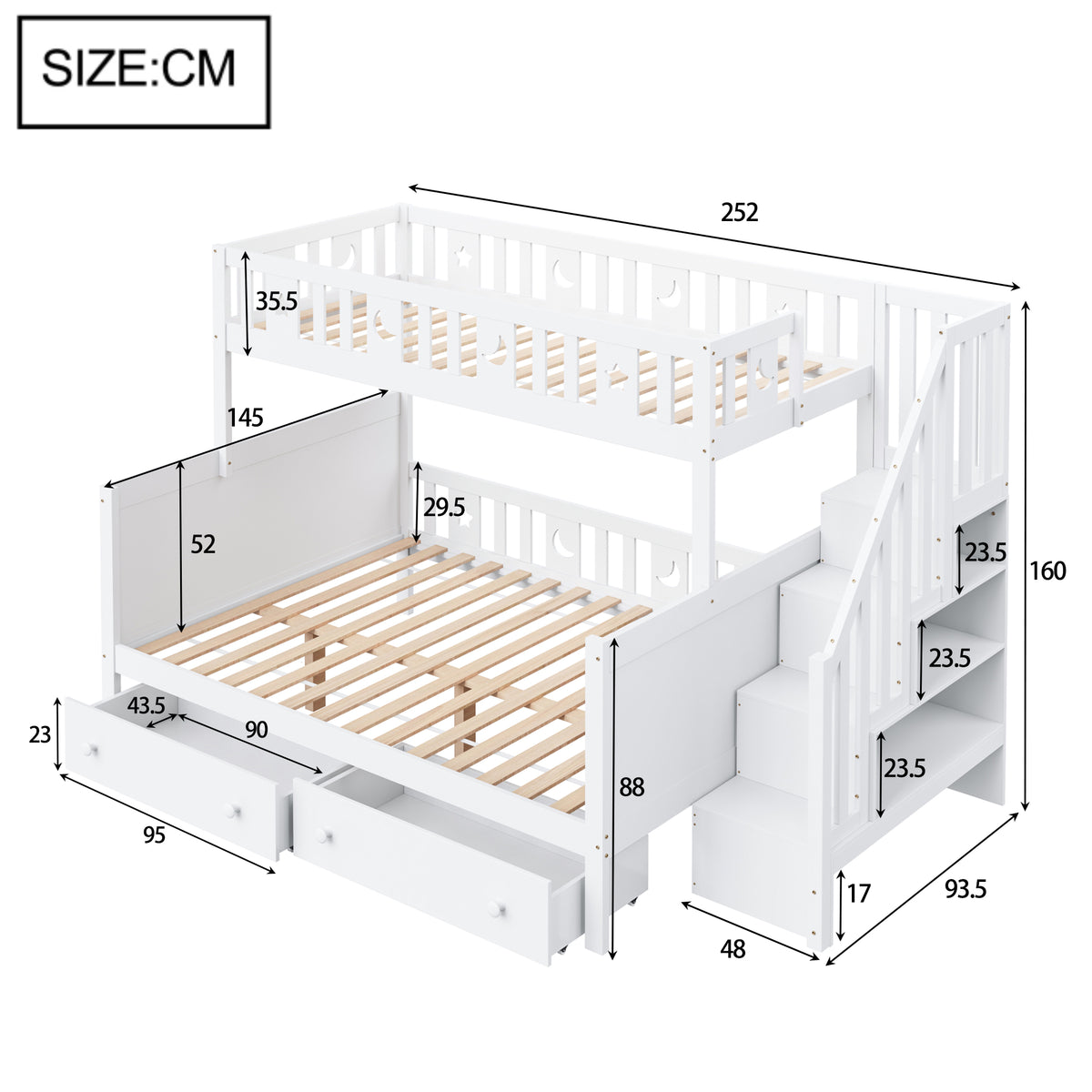 Children's Bunk Bed with Safety Stairs & Drawers, White