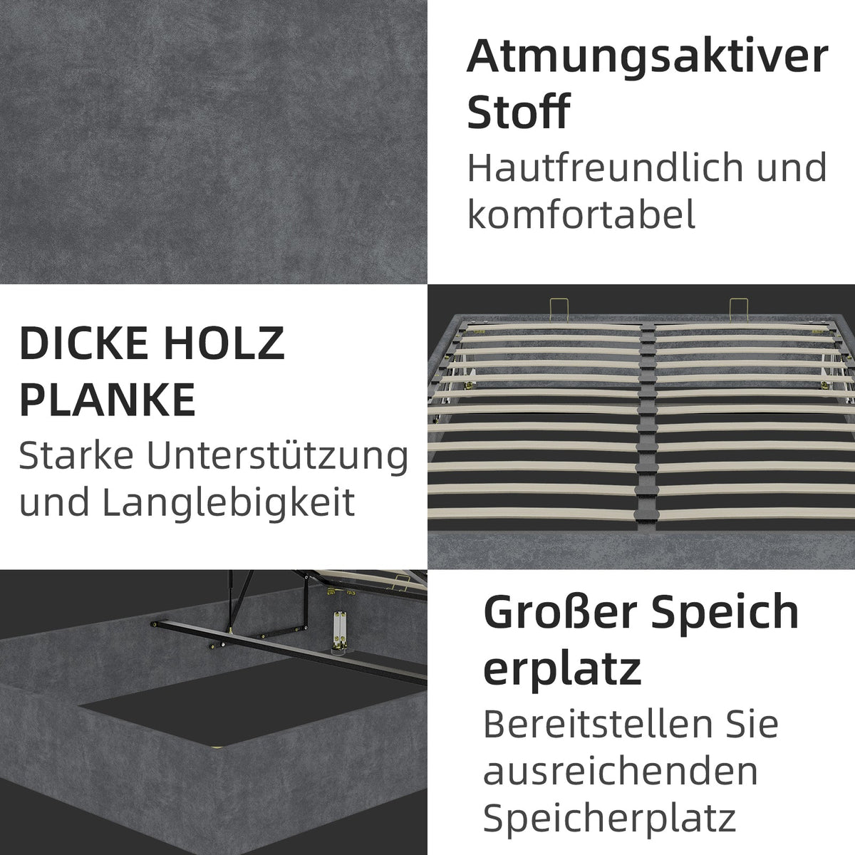 Modern Minimalist Bed Frame, 160x200cm Gas Lift Rods, Dutch Velvet Gray