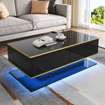 High-Gloss LED Coffee Table Modern 100cm with 3 Drawers USB Light Strip Gold Trim