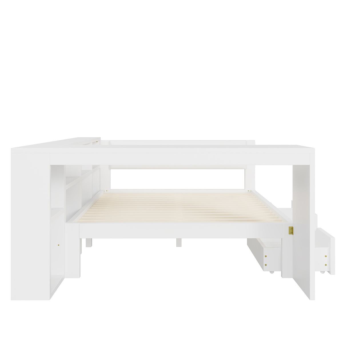 Platform Bed 140x200 with Shelves, Drawers & LED, White Wood