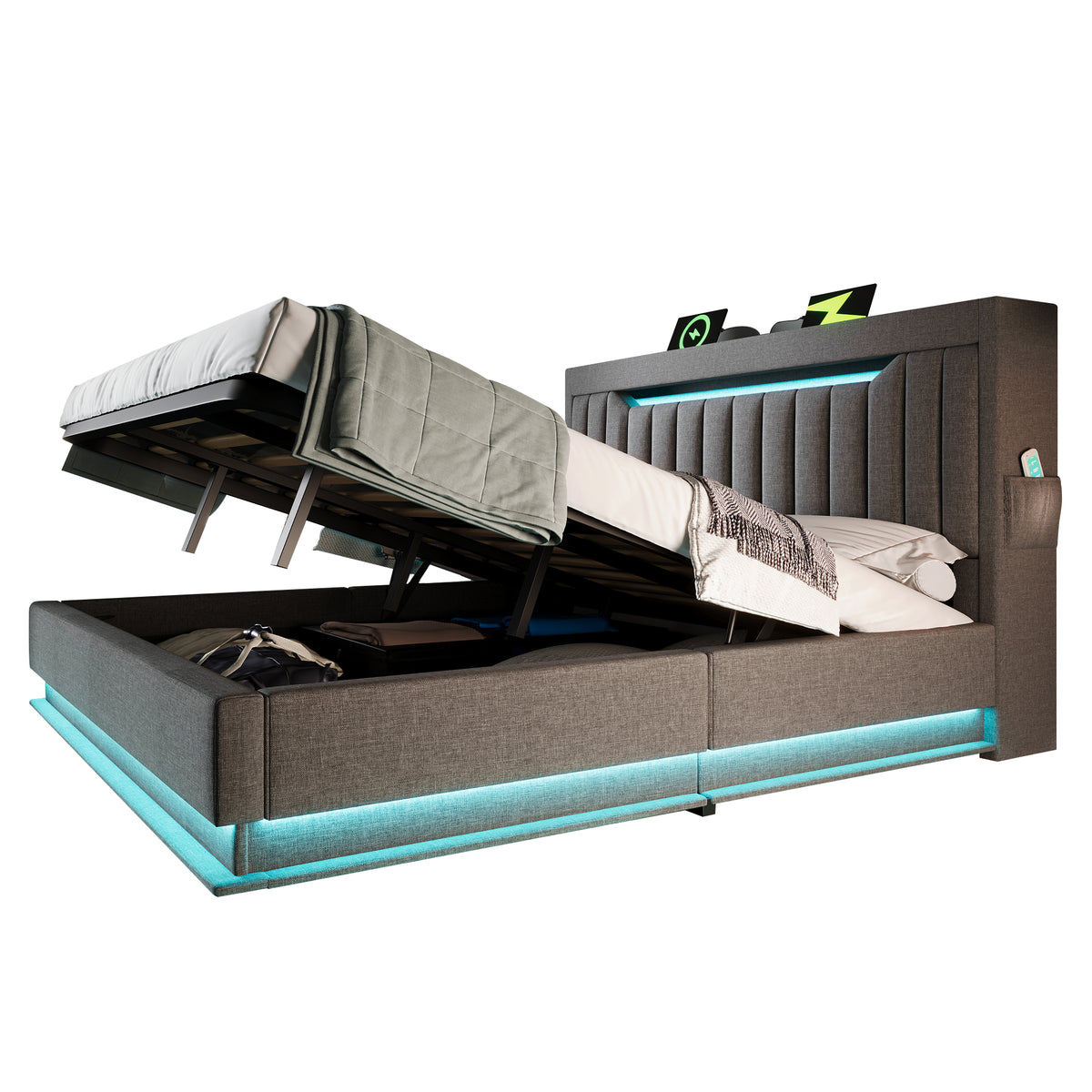 Upholstered Double Bed 160x200cm with Hydraulic Storage, Grey Linen