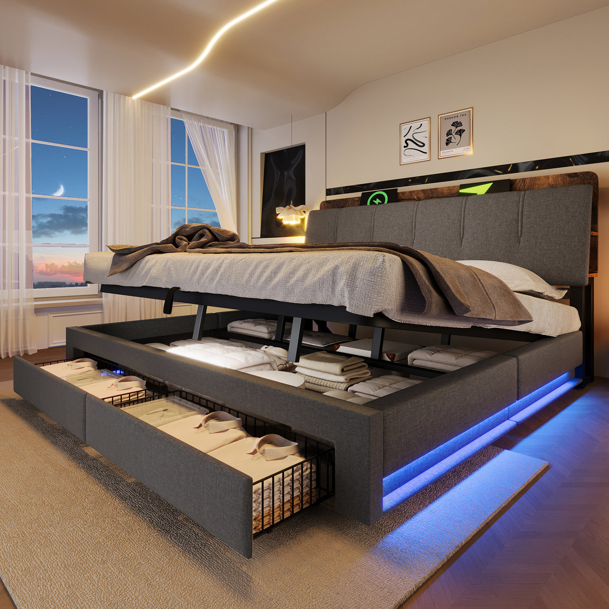 Upholstered Bed 180x200cm with Hydraulic Storage & LED, Grey Linen