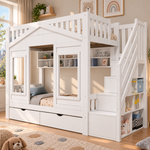 Children's Bunk Bed 90x200cm with Storage Stairs, Solid Wood White