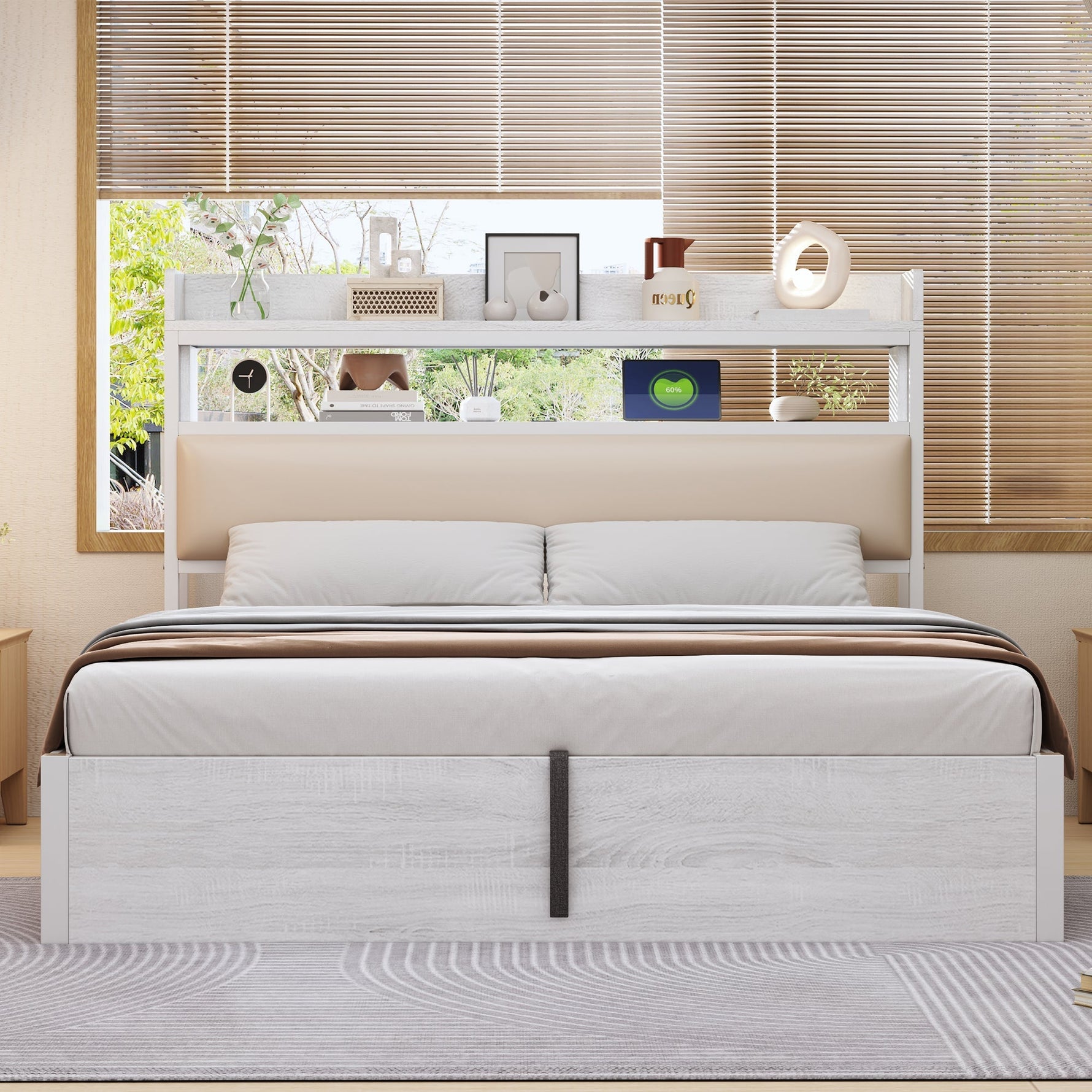 Bed Frame 180x200, Hydraulic Lift, USB, Upholstered Headboard, Hidden Storage, Wood & Metal, White