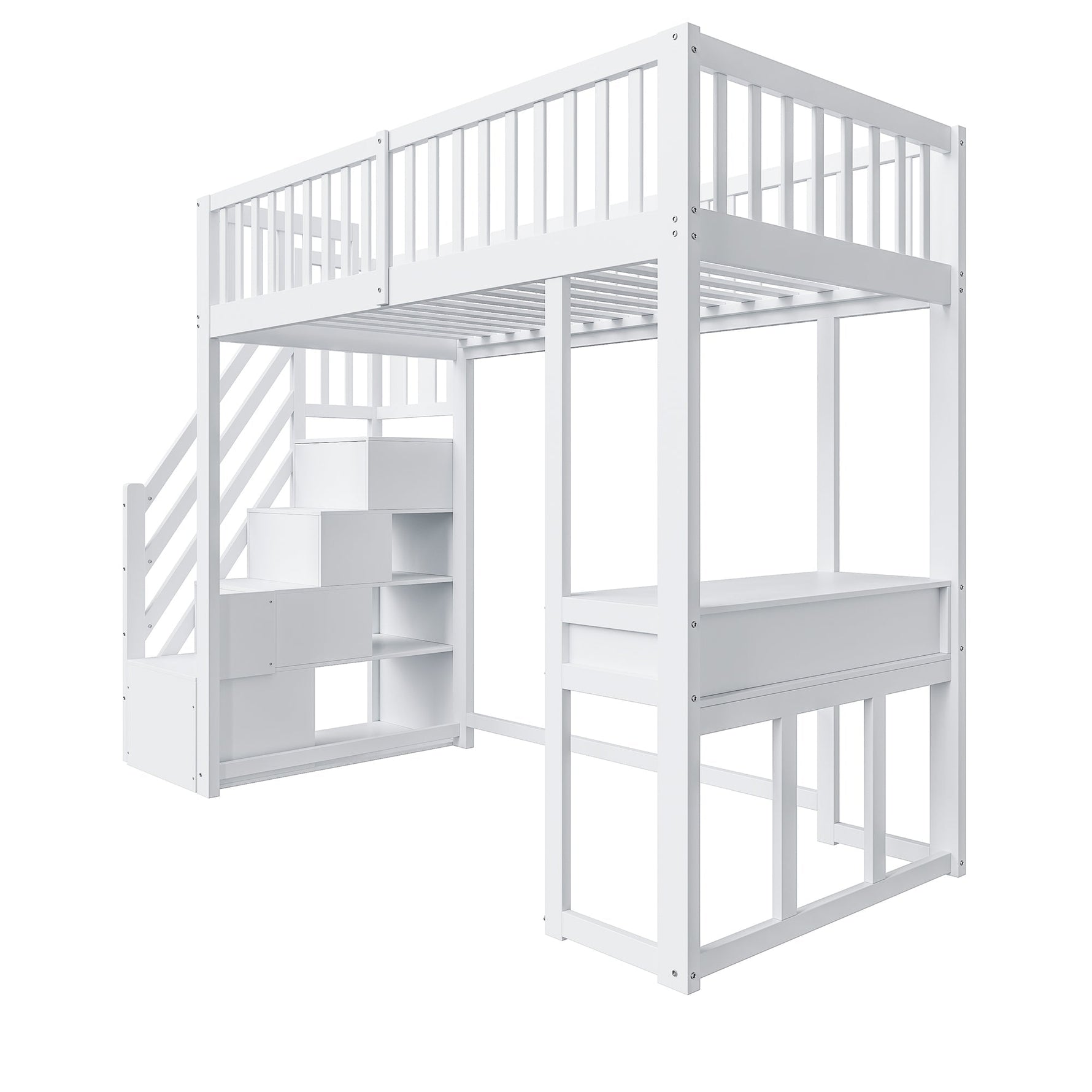 Loft Bed 90x200 Multifunctional Table Storage Stairs Pine Wood White