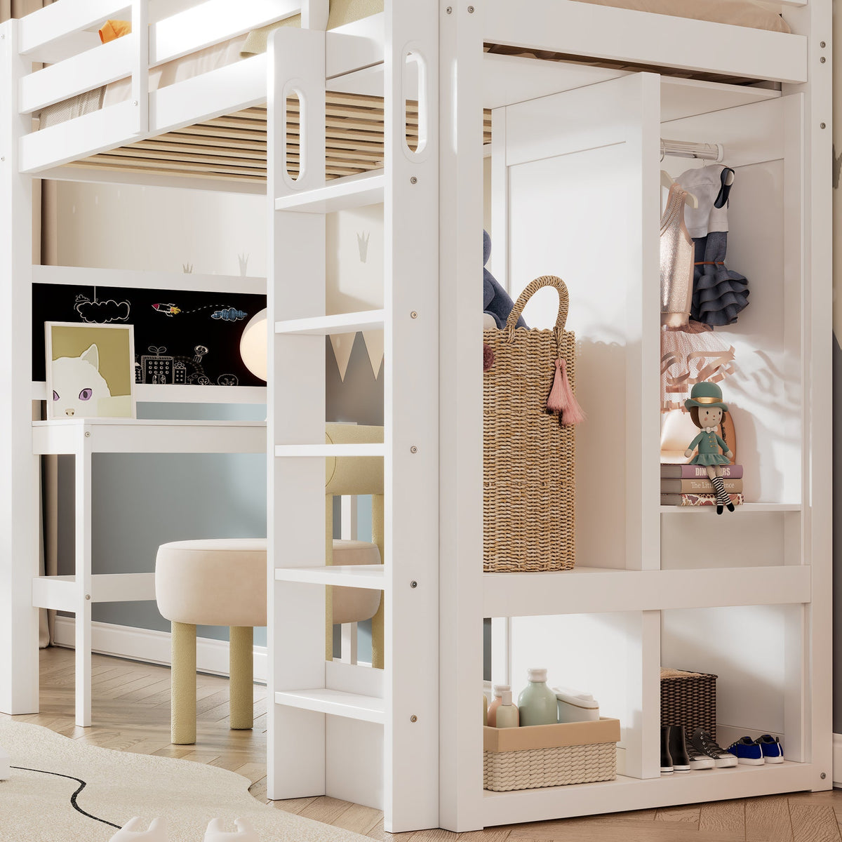 Children's Bunk Bed with Desk, Wardrobe and Shelves, 90x200cm, White
