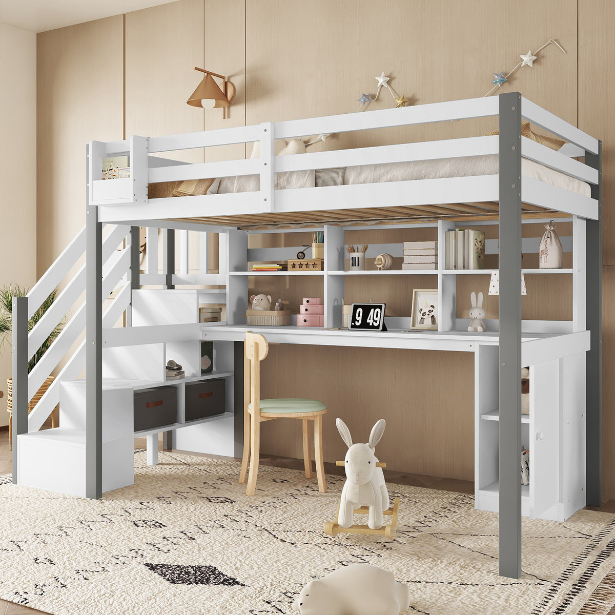 Mid-Height Bed 90x200cm with Desk, Storage & Ladder, White & Grey