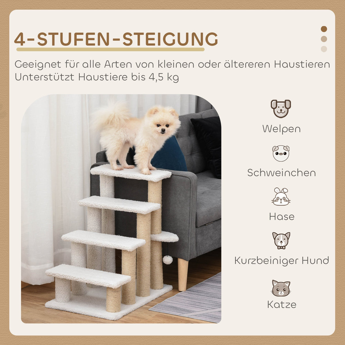 Pet Stairs, 4-Step with Scratching Post, Chipboard Plush Jute, White