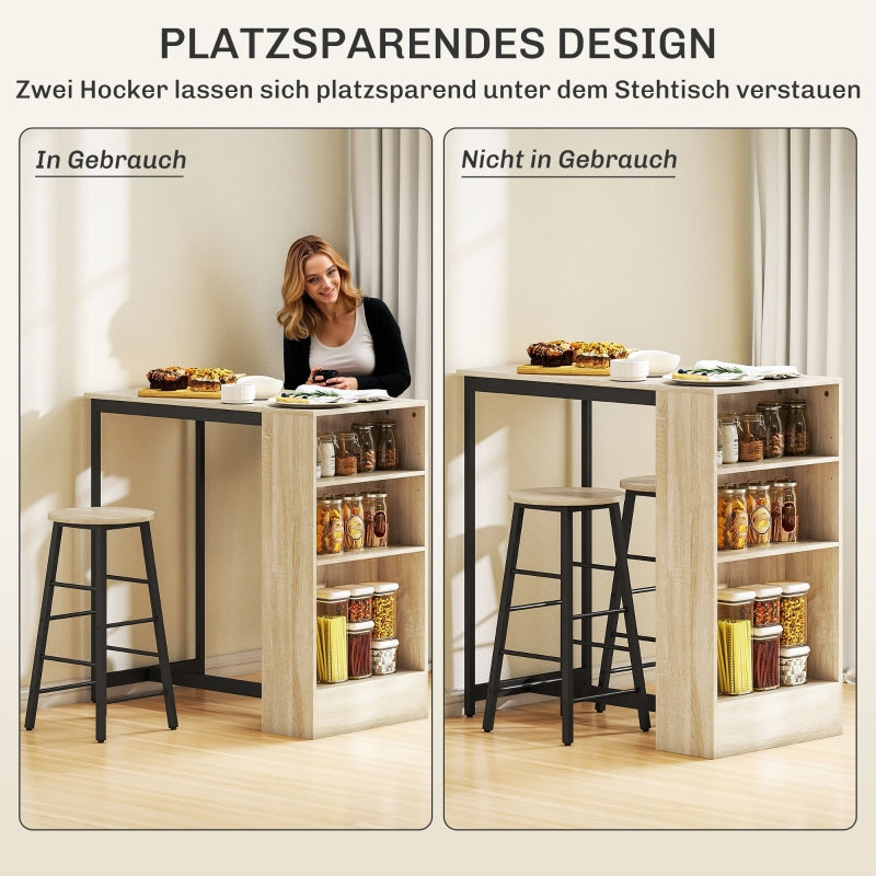 Bar Table with Bar Stool Set, 3-Piece, Storage, 2 Stools, Steel, Oak