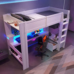 Loft Bed with Gaming Desk, LED Lights and Storage Shelves, White