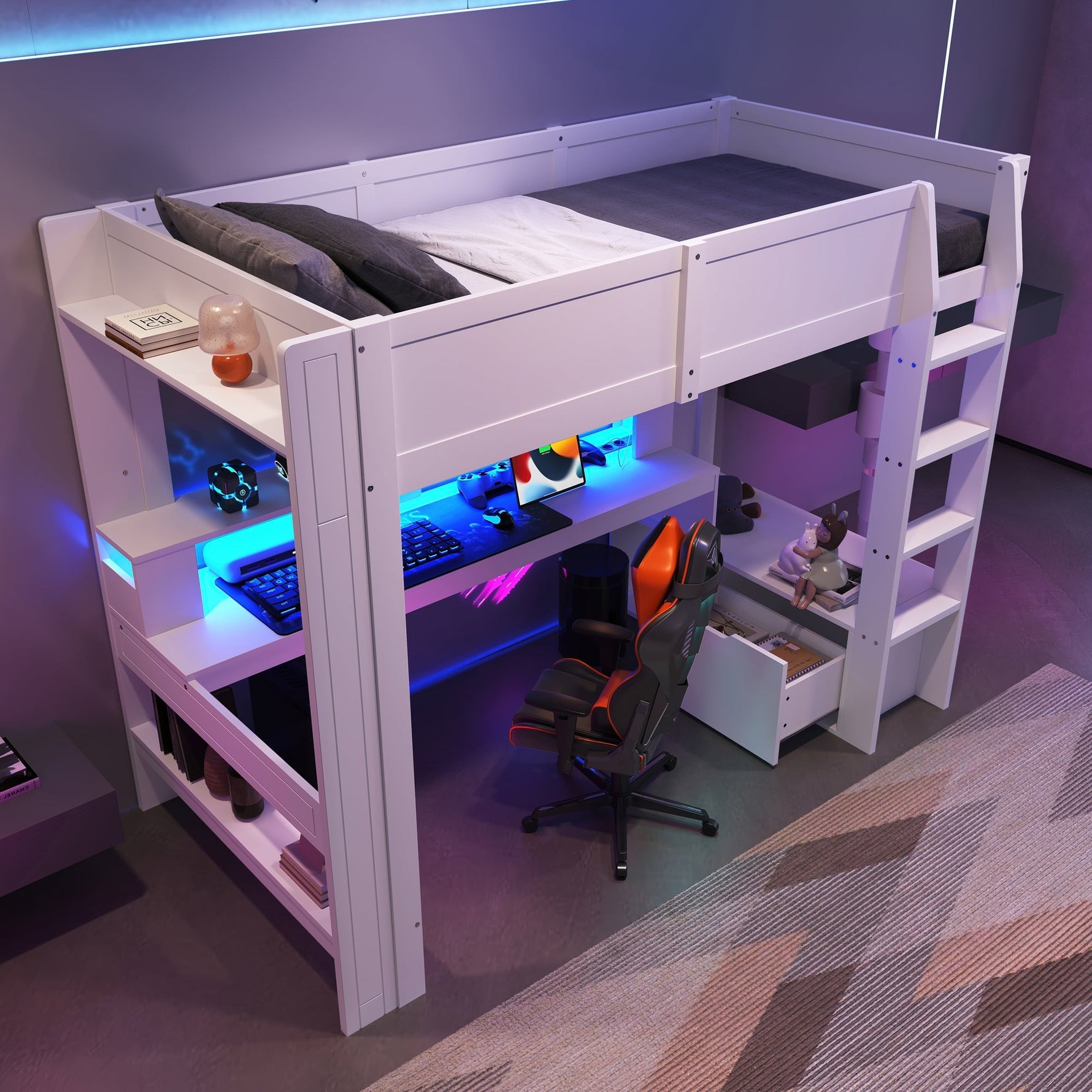 Loft Bed with Gaming Desk, LED Lights and Storage Shelves, White