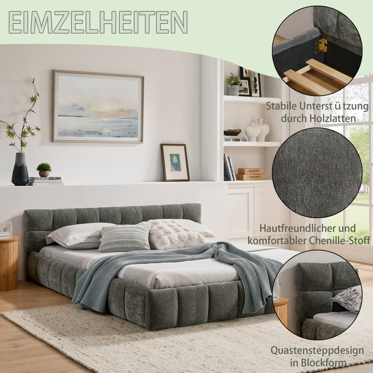 Double Bed 160x200cm Square Quilted, Dark Grey Chenille