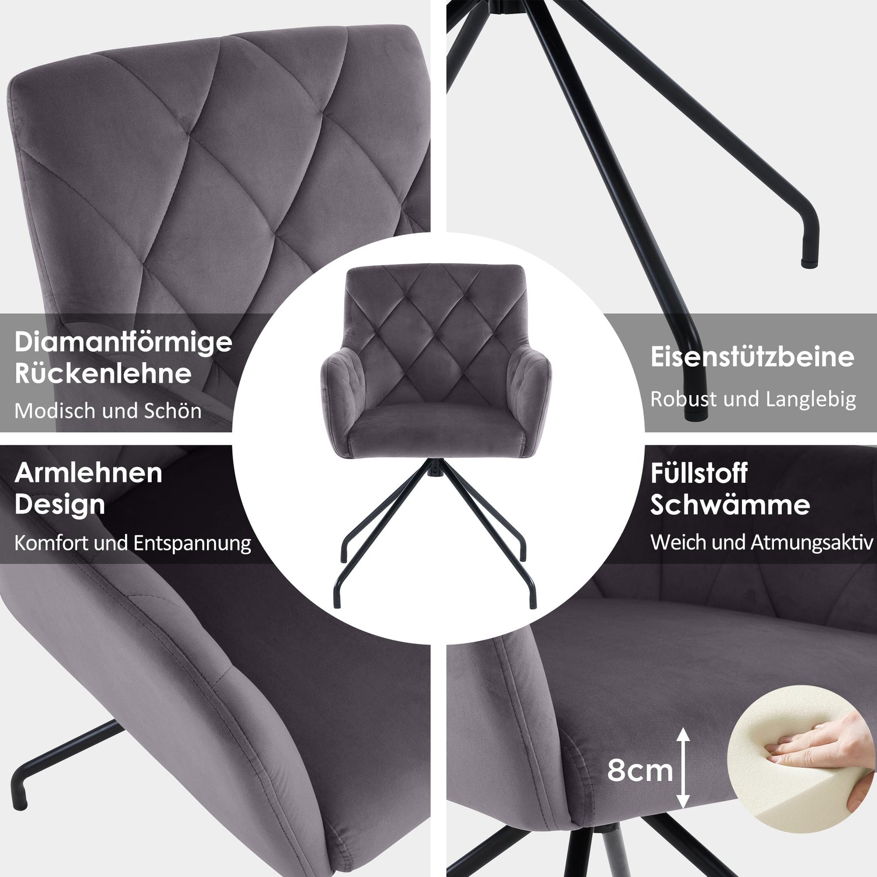 Set of 2 Dining Armchairs Upholstered Diamond Pattern Metal Legs Velvet Grey