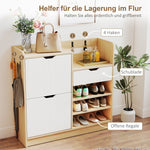 Shoe Rack with Tilting Drawers, Open Shelves, 4 Hooks, 14 Pairs, Natural