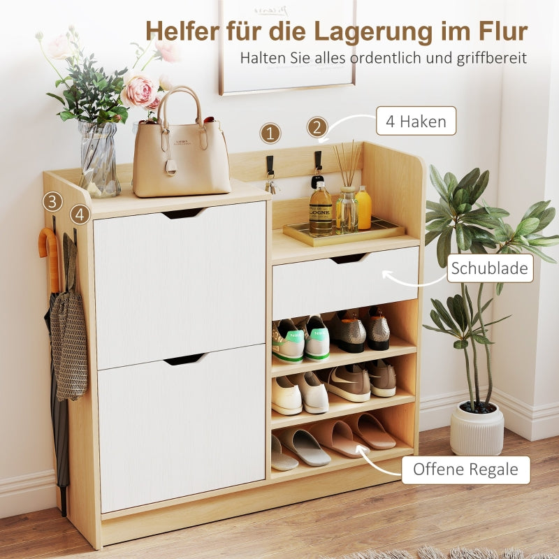 Shoe Rack with Tilting Drawers, Open Shelves, 4 Hooks, 14 Pairs, Natural