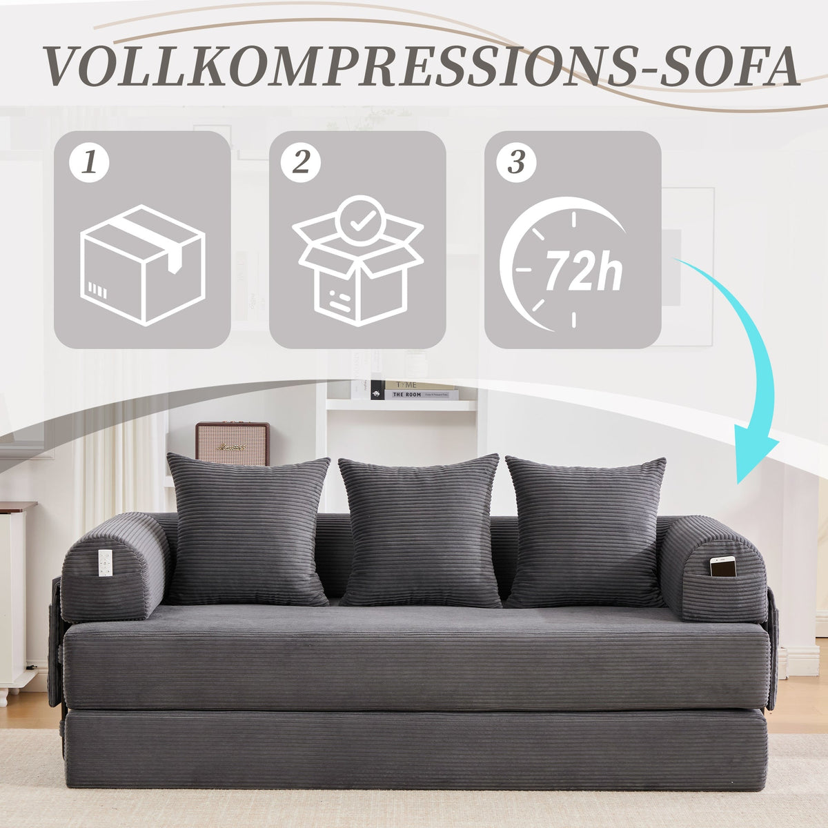 Sofa Foldable Metal Frame with 3 Cushions Side Pockets Dark Grey