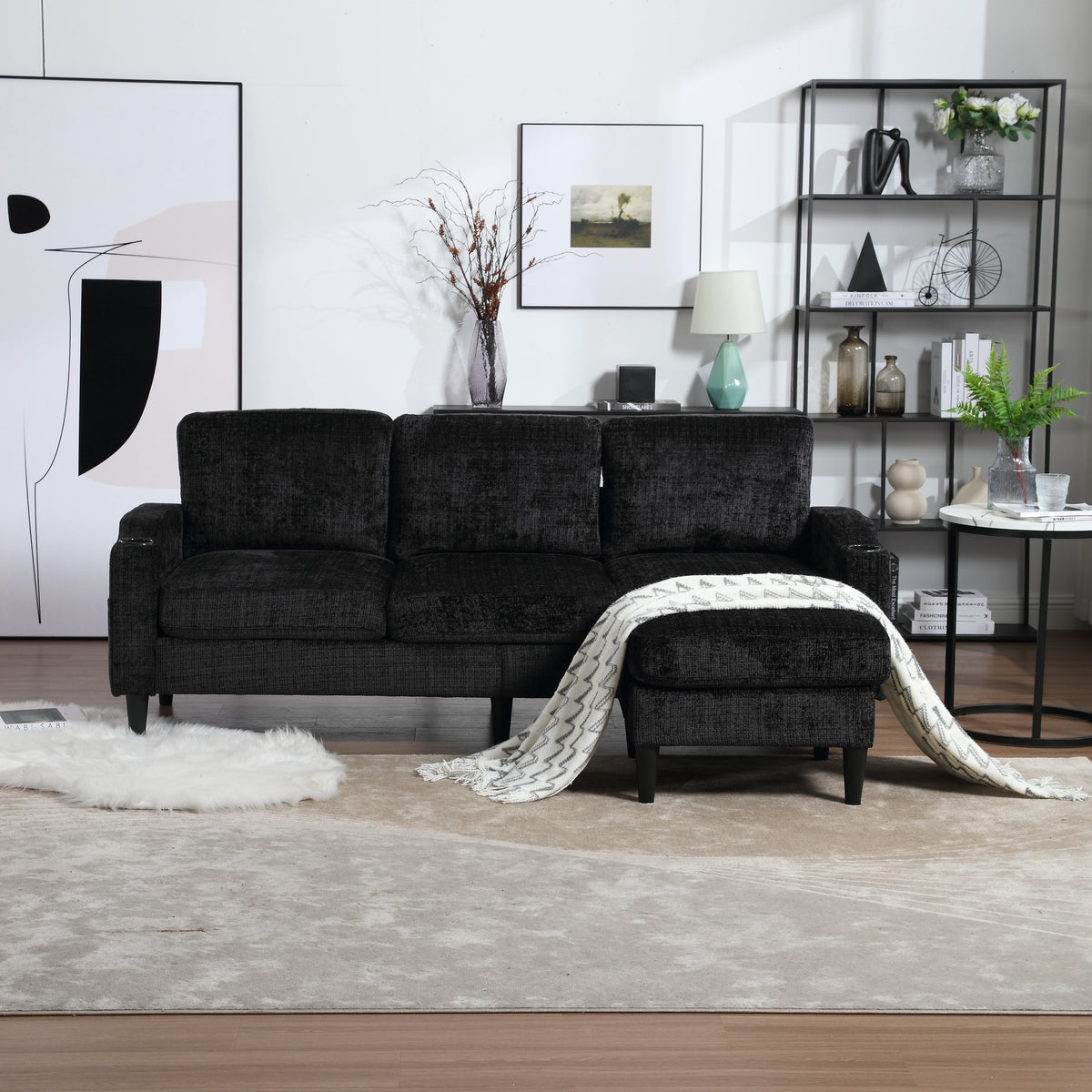 Sofa with Footstool & Storage, 4-Seater with Cup Holder, Velvet