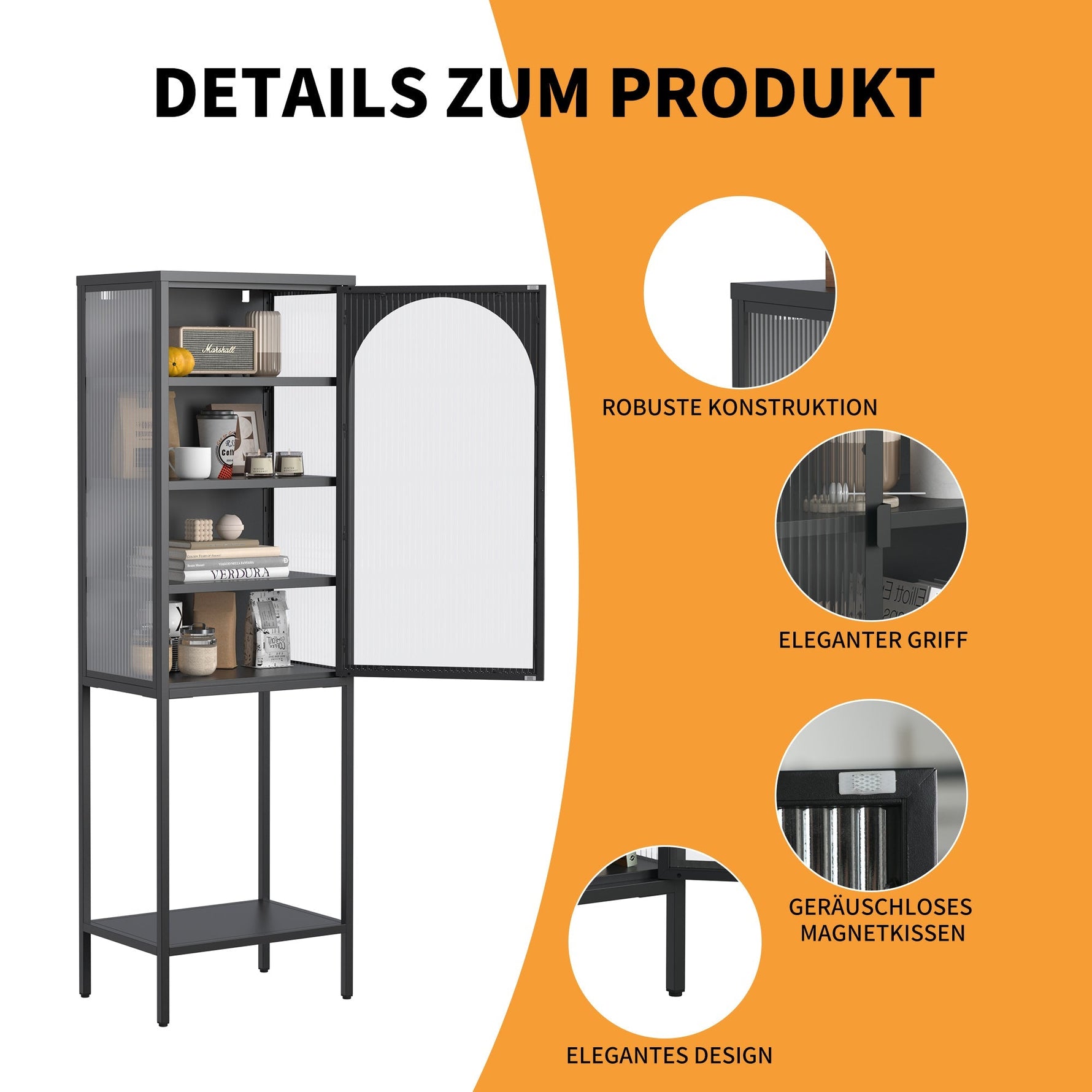 Metal & Glass Display Cabinet 5-Tier 3 Adjustable Shelves 160x50x35cm - Iron