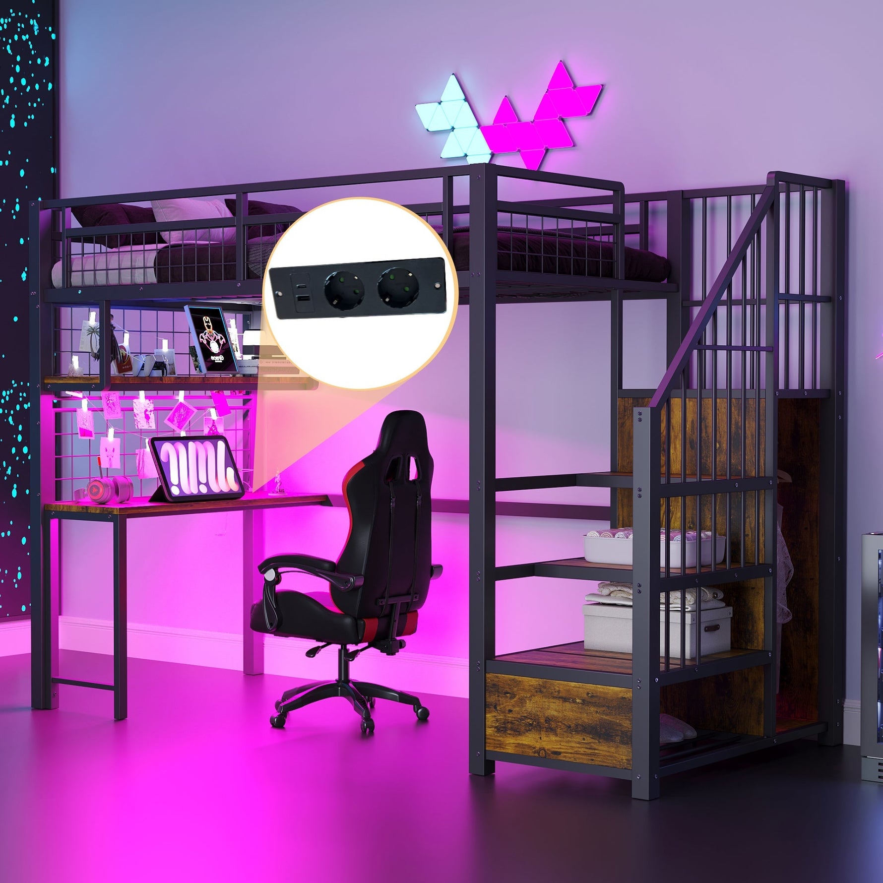 Metal Loft Bed 90x200cm Storage Ladder Wardrobe Desk Light & USB - Black