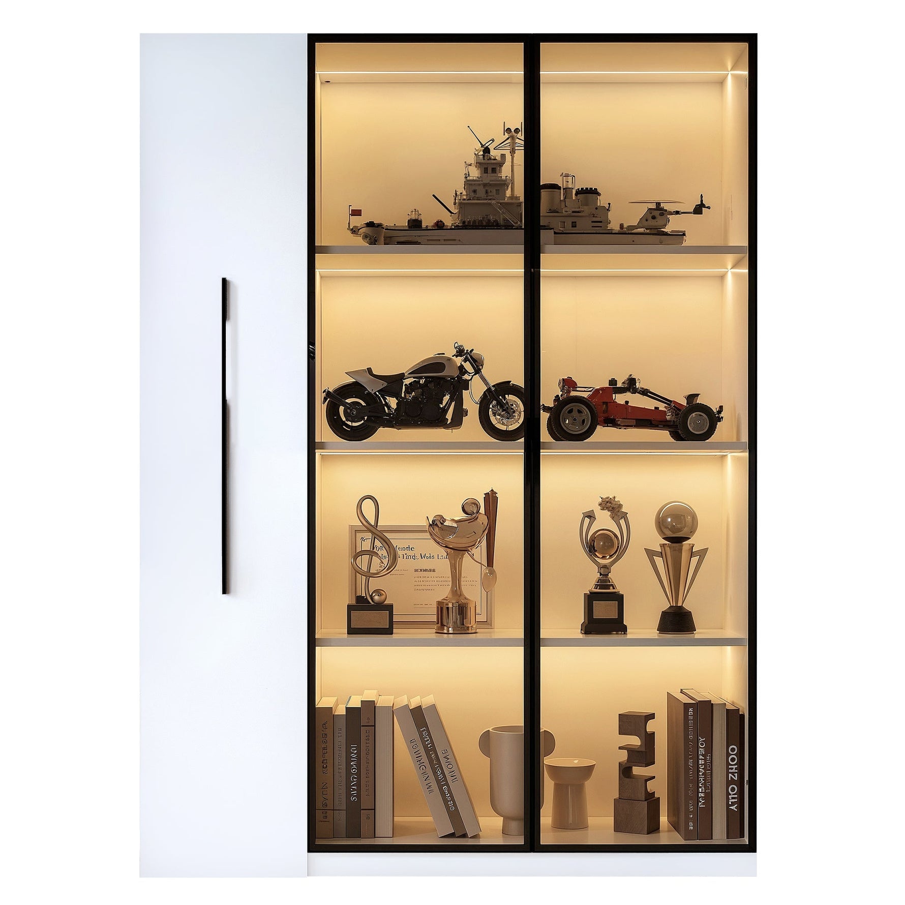 Multifunctional Cabinet with Glass Door, LED Lighting and Side Pull-out, Amber Glass and MDF