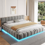 Upholstered Double Bed with Light Strip and Hydraulic Storage, 180x200cm, Grey Velvet