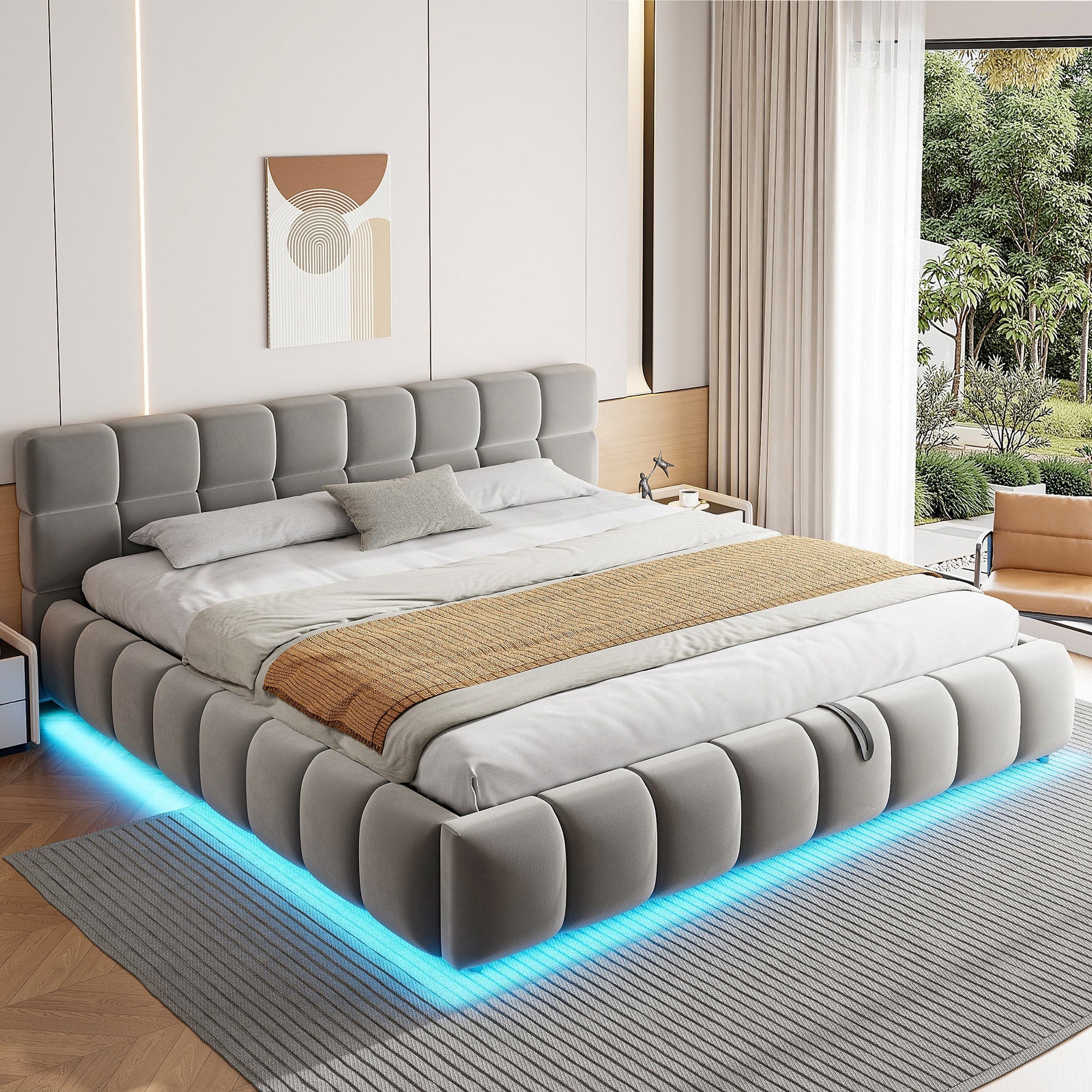 Upholstered Double Bed with Light Strip and Hydraulic Storage, 180x200cm, Grey Velvet