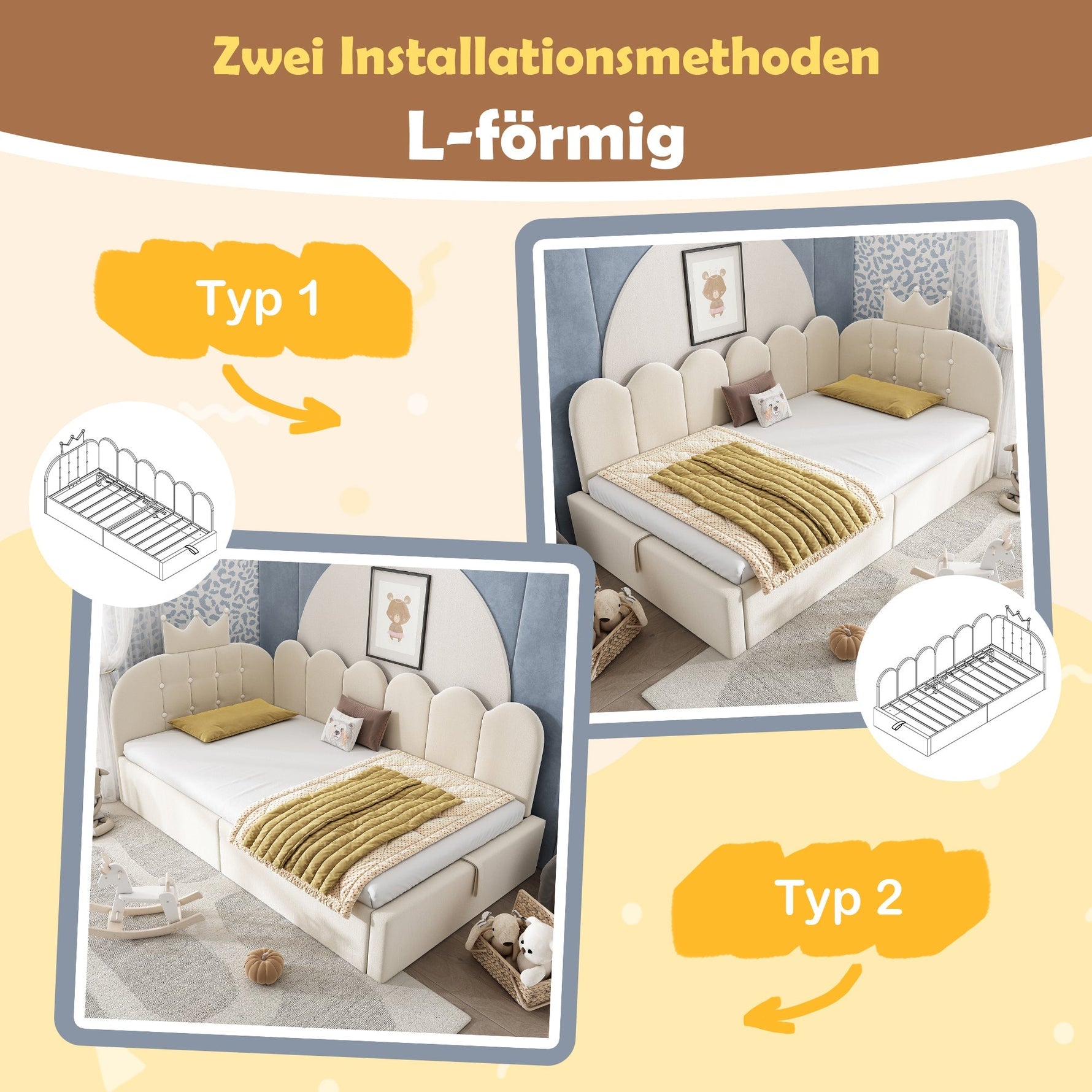 L-Shaped Upholstered Daybed with Hydraulic Storage and Crown-Lattice Design, 90x190cm, Beige Velvet