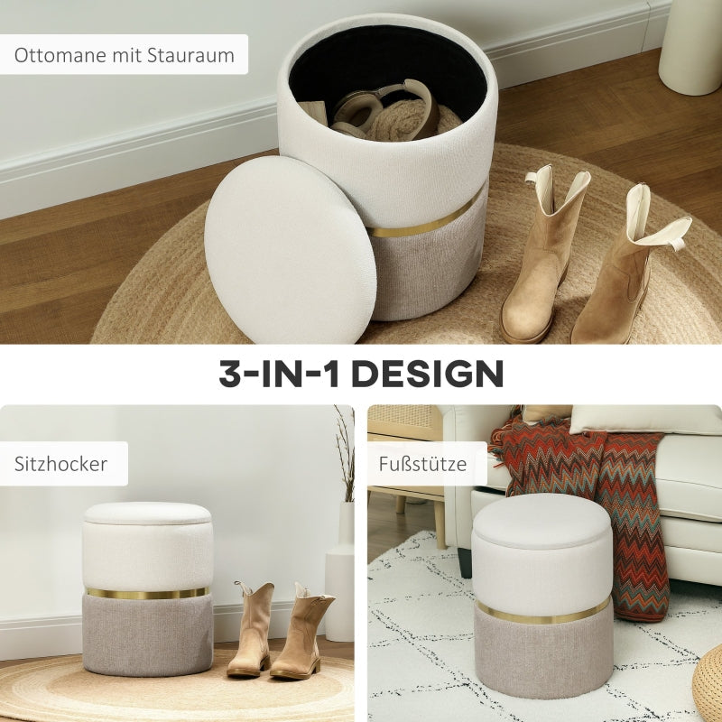 Storage Stool with Lid, Metal Ring, Two-Tone Design, Cream White