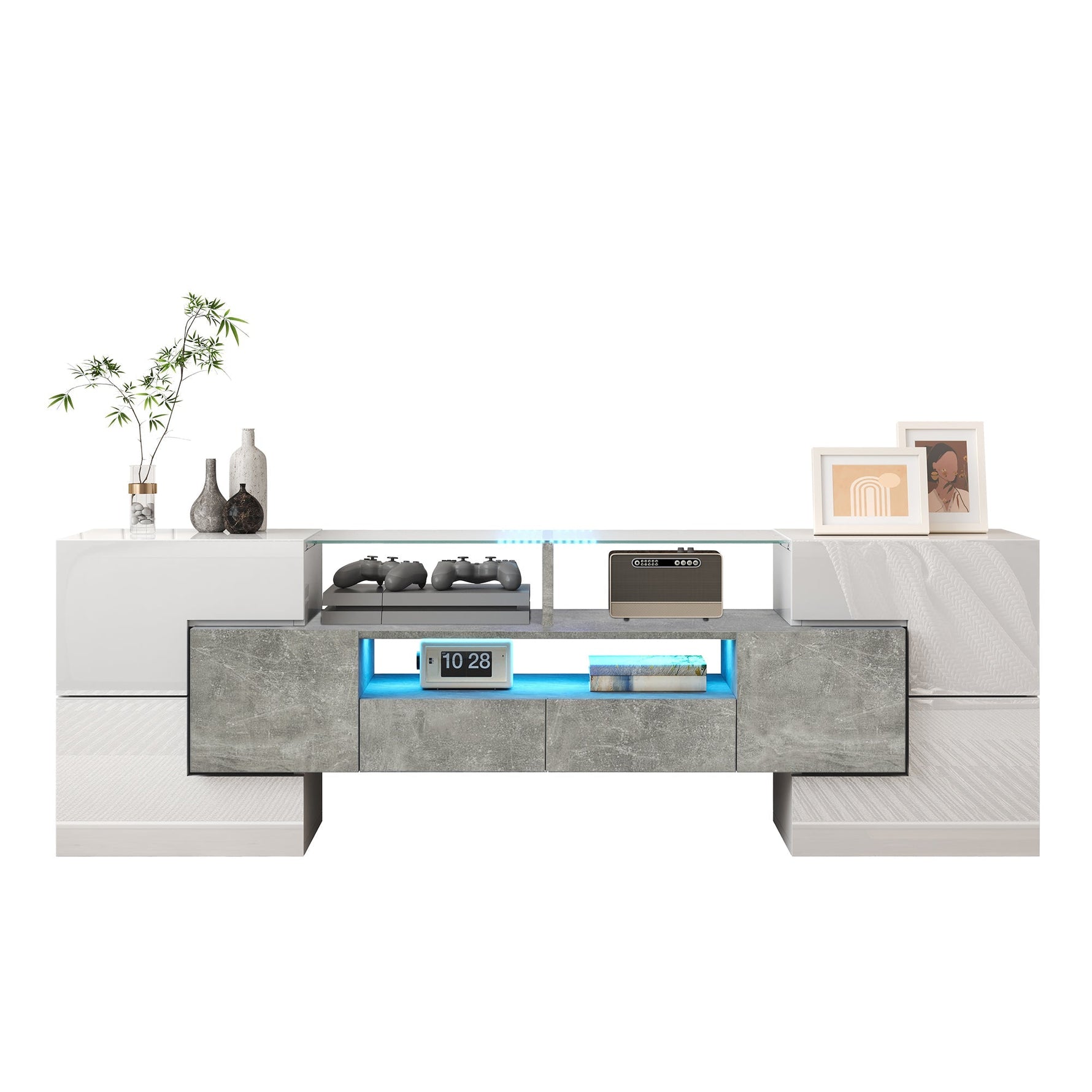 TV Cabinet Lowboard 145cm LED Lighting Modern High-Gloss White
