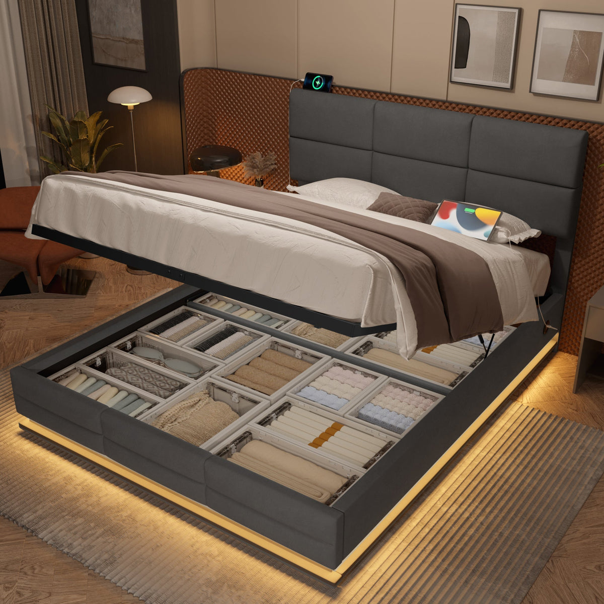 Modern Upholstered Bed 180x200cm Adjustable Headboard USB/LED Hydraulic Storage - Grey Velour