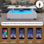 LED Coffee Table, Storage, Double-Layer Rectangular with Bluetooth App, White