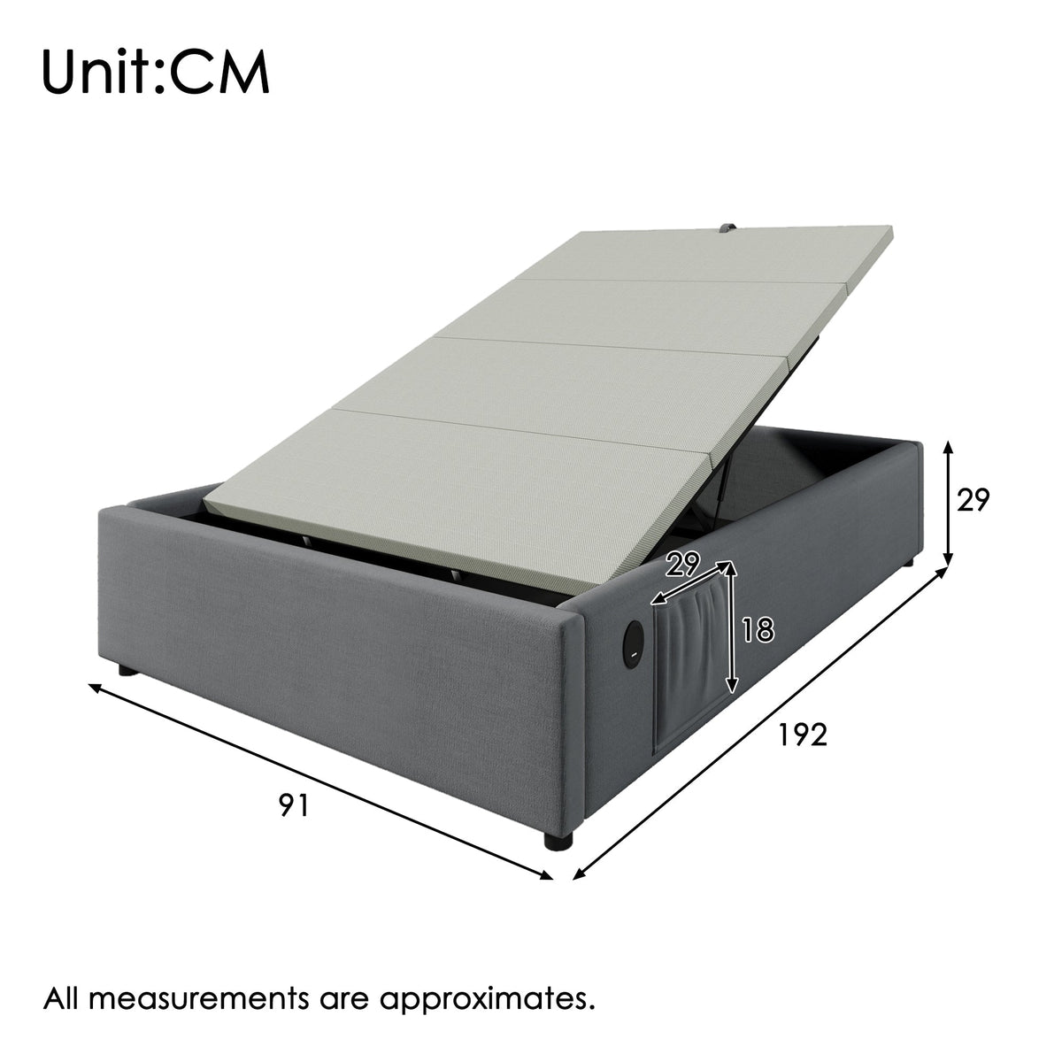 Upholstered Single Bed, 90x190 cm with USB-C, Grey Cotton