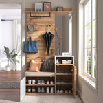 Wardrobe Set with Mirror, Shoe Cabinet, Coat Rack, Bench, Hooks - White and Wood-colored