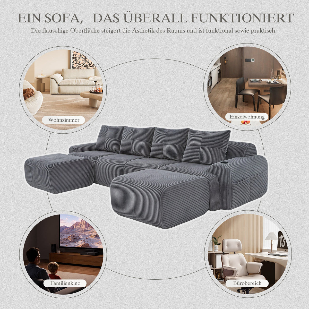 Modular 4-Seater Sofa with 2 Ottomans, Cup Holders and Storage Pocket, Dark Grey Corduroy