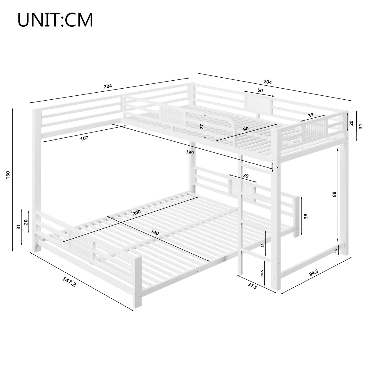 L-Shaped Bunk Bed with 90x200 and 140x200 Metal Frame, White