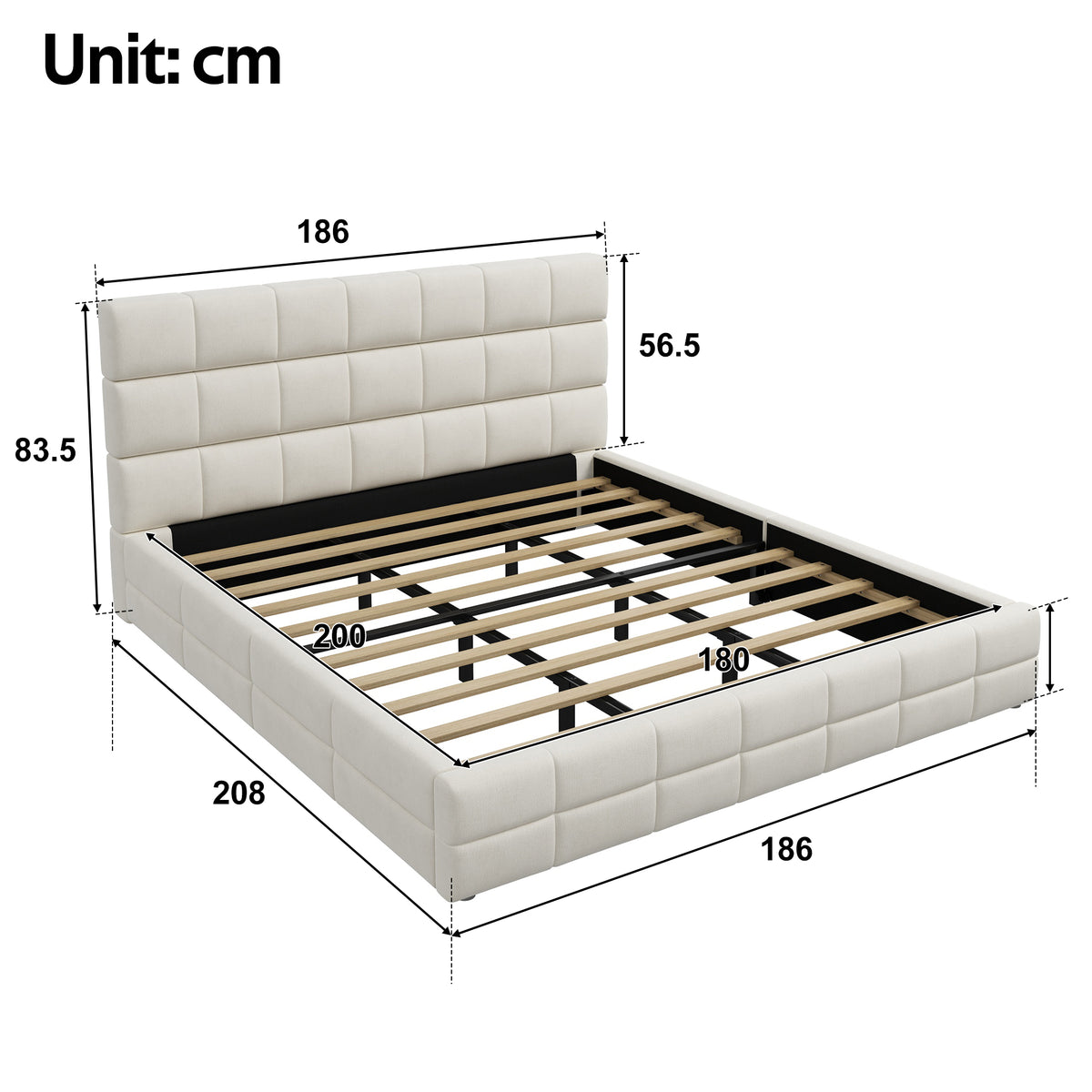 Upholstered Platform Bed Frame, 180x200 cm - Beige