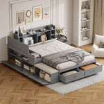 Solid Wood Combo Bed, 140x200cm with Storage & Sofa Bench, Gray