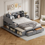 Solid wood combination bed 140*200cm, Storage Headboard, Drawers, Sofa Bench, grey
