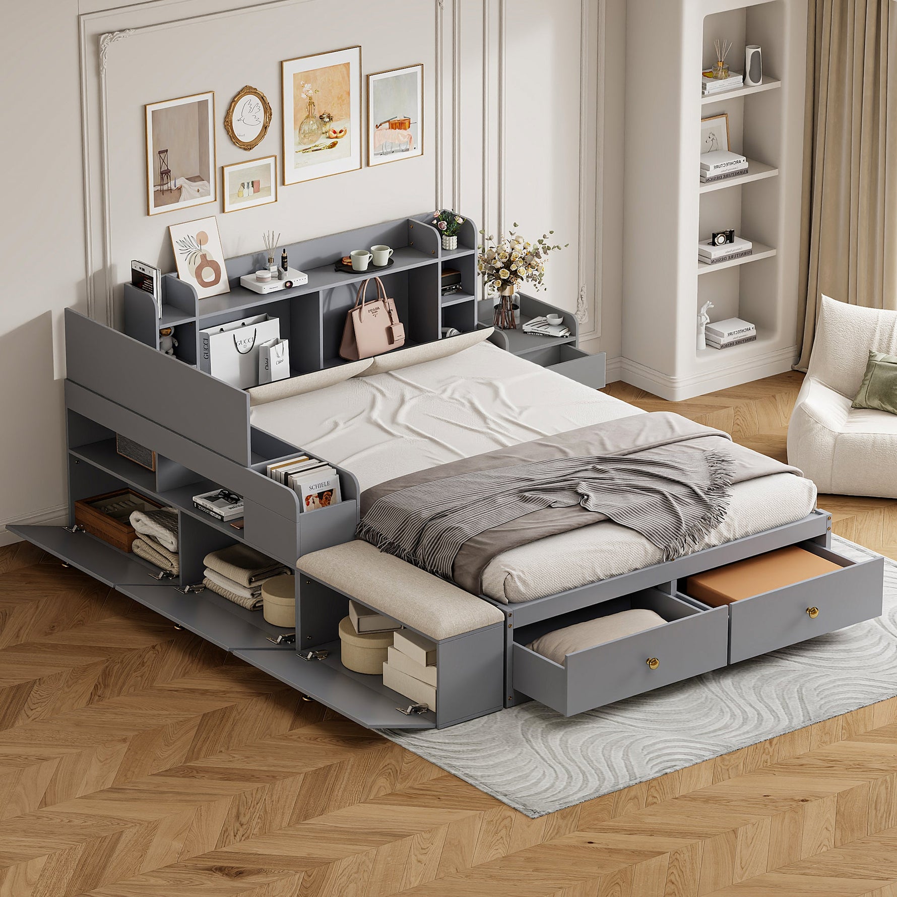 Solid wood combination bed 140*200cm, Storage Headboard, Drawers, Sofa Bench, grey