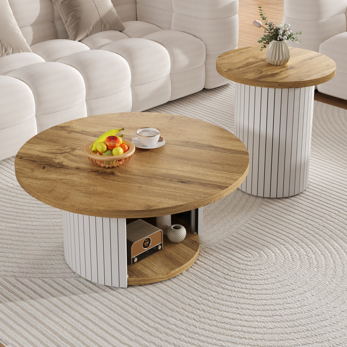 Coffee Table Double Round Multifunctional Natural Wood Slats
