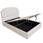 Upholstered Bed 140x200 with Hydraulic Storage and Wide Headboard, Striped Fabric White and Coffee